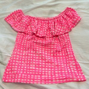 Lilly Pulitzer new pink gingham off the shoulder ruffle top.